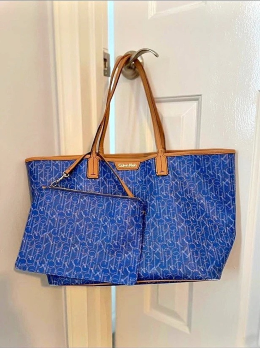 Calvin Klein Geometric Tote in Blue & Brown
